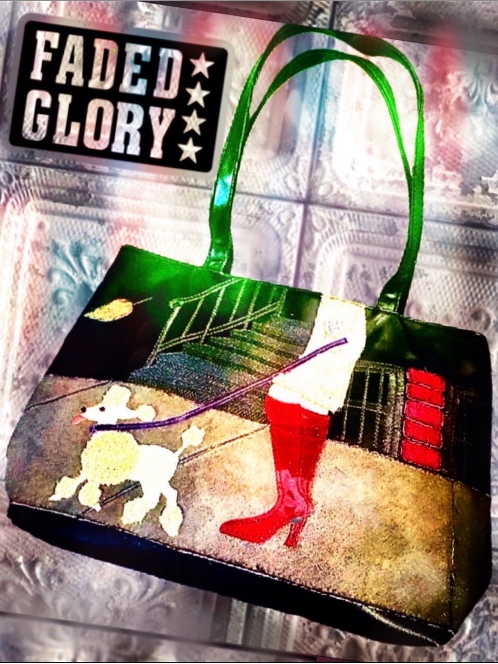 Faded Glory Artistic Green Tote with Poodle motif